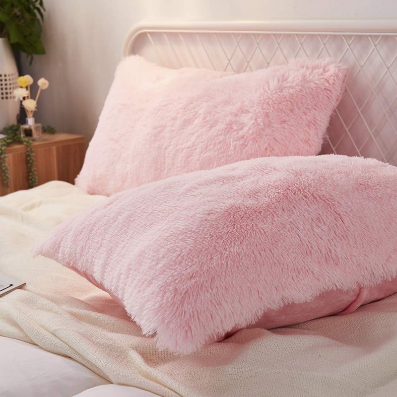 Uhamho Set of 2 Standard Queen Faux Fur Throw Pillow Covers Soft Velvet Decorative Pillowcases Zipper Closure(20 x 26 Inches Pink) - Image 2